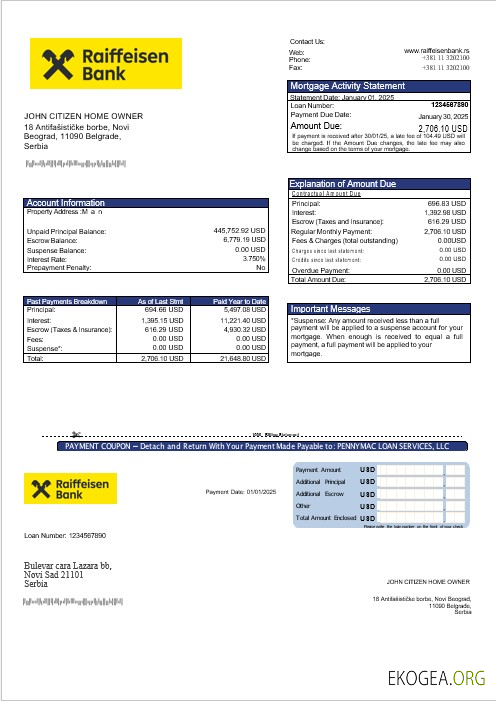 Relevé hypothécaire de la banque Raiffeisen de Serbie aux formats Word et PDF